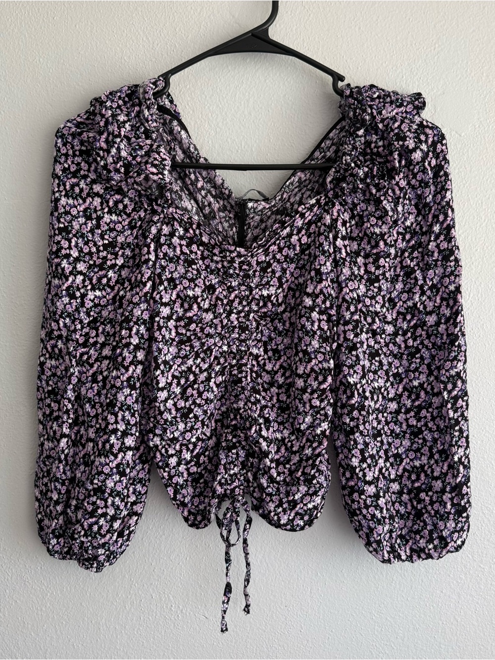 Zara Black and Lavender Floral Peasant Blouse Crop Top - Size Small